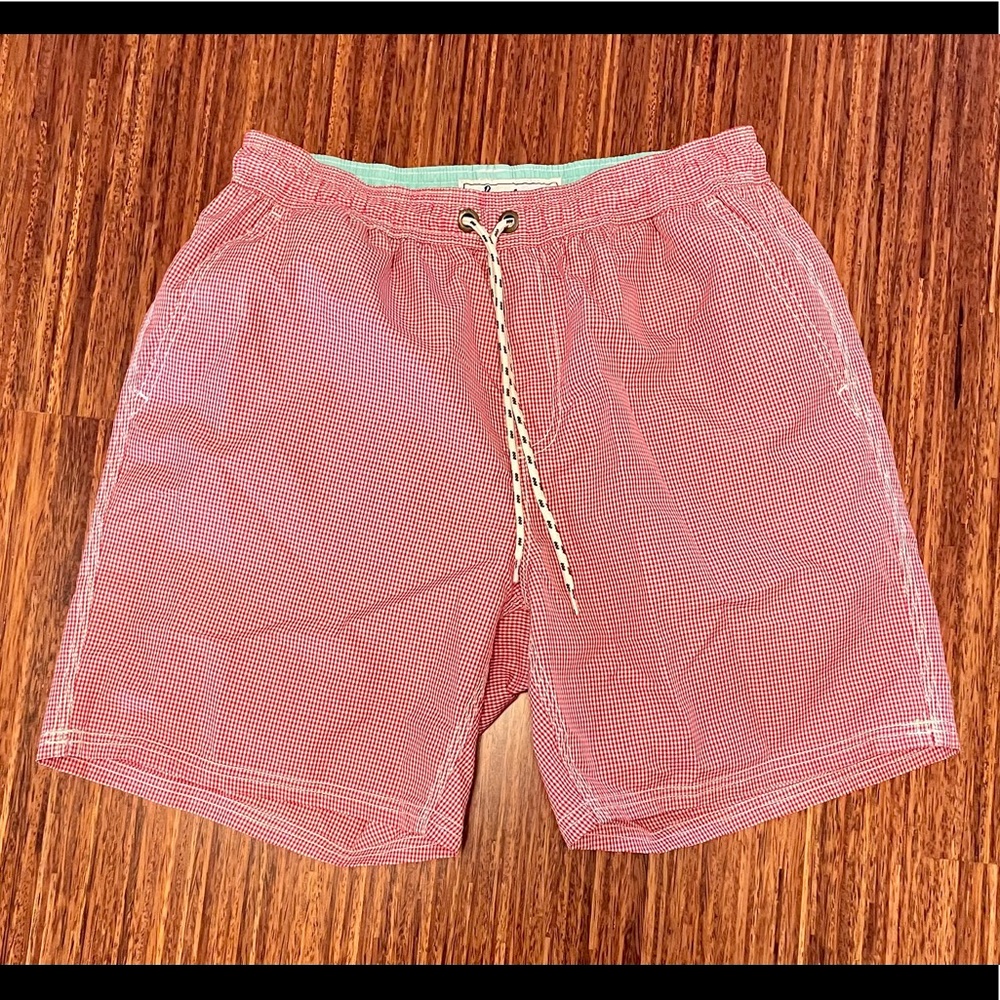 Boden swim trunks NWOT size 32” red/white check